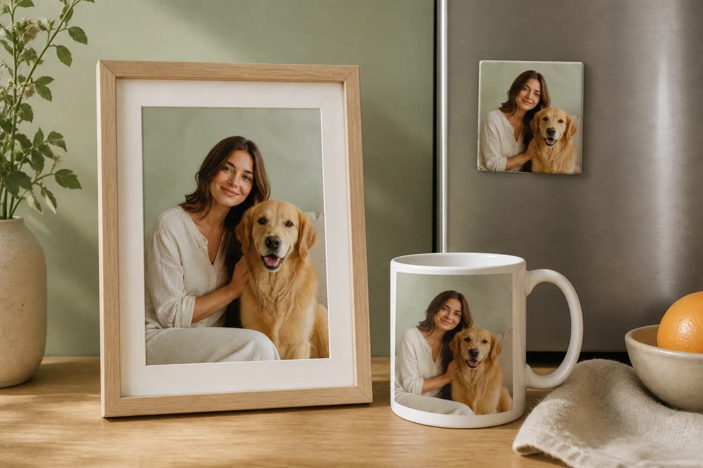 Example portrait displayed as framed art, a square magnet, and a white mug