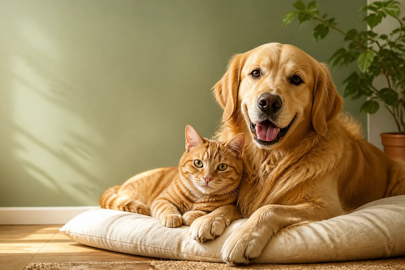Golden retriever and orange tabby cat relaxing together in a sunlit home